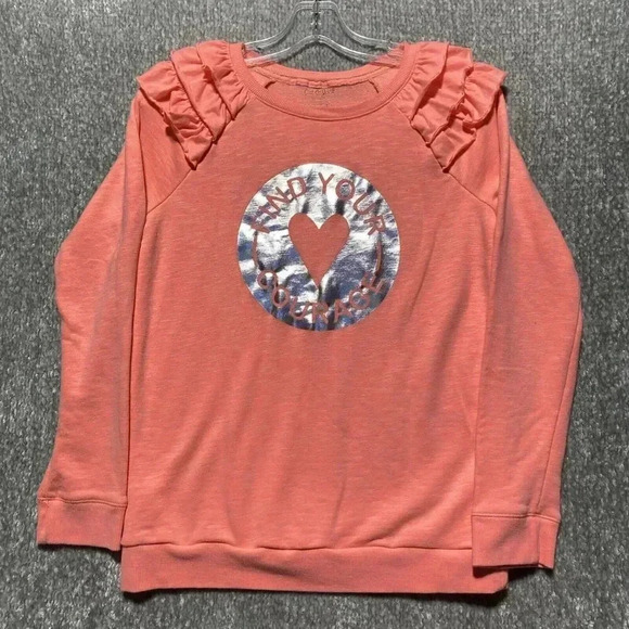 Cat & Jack Girls' Ruffle Sleeve Sweatshirt Find Your Courage Top XL Salmon Color - Picture 2 of 8